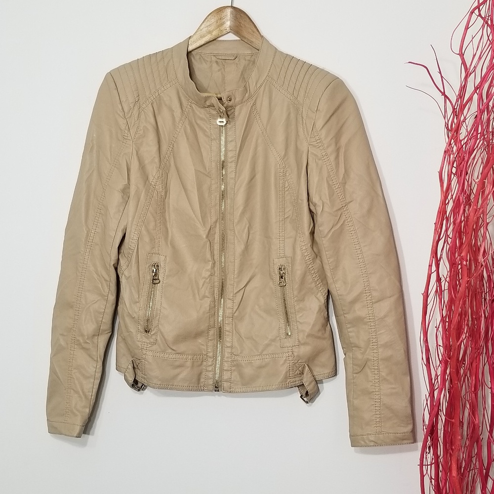 Tan Vegan Faux Leather Pleather Zipper Front Classic Motor Style Jacket Zip Y2K